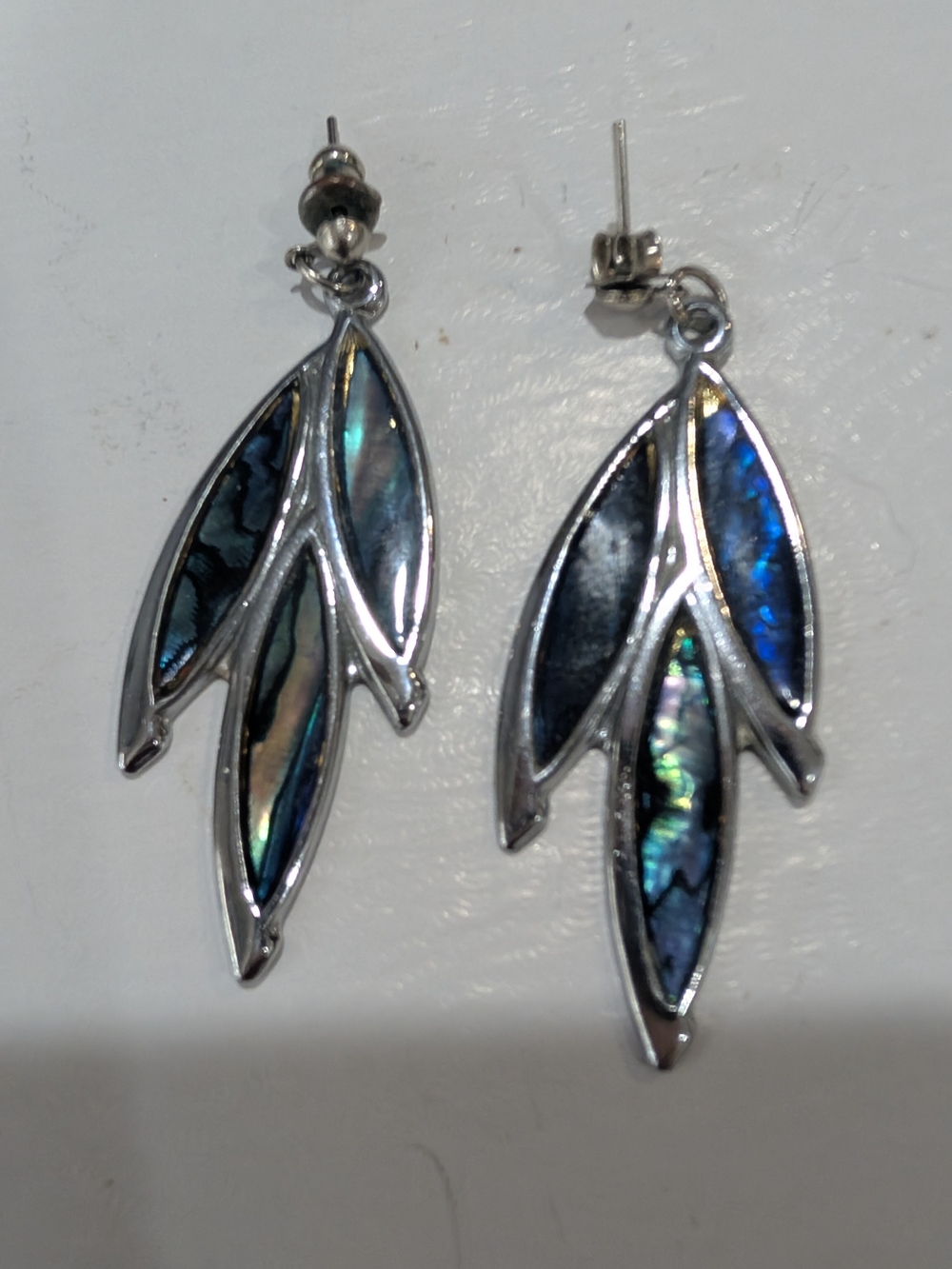 Silver Abalone Shell Drop Earrings - Iridescent Blue-Green